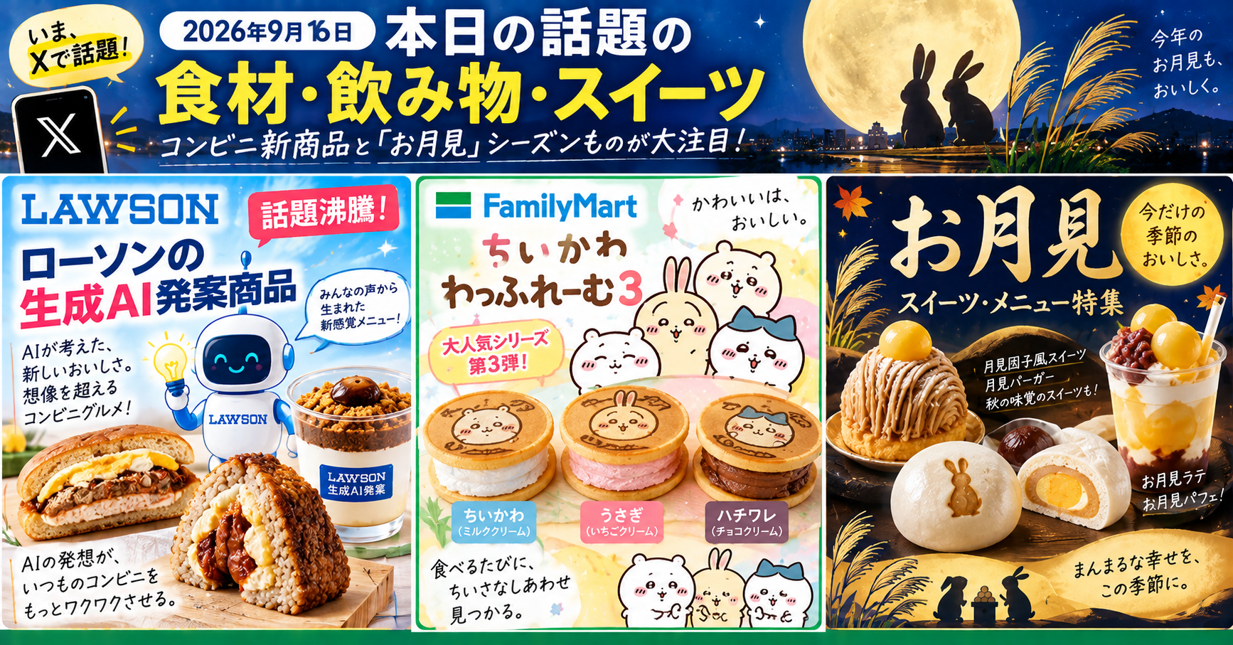 Xで特に話題になった食材・飲み物・スイーツ関連は、主にコンビニ新商品と「お月見」シーズンもの中心
